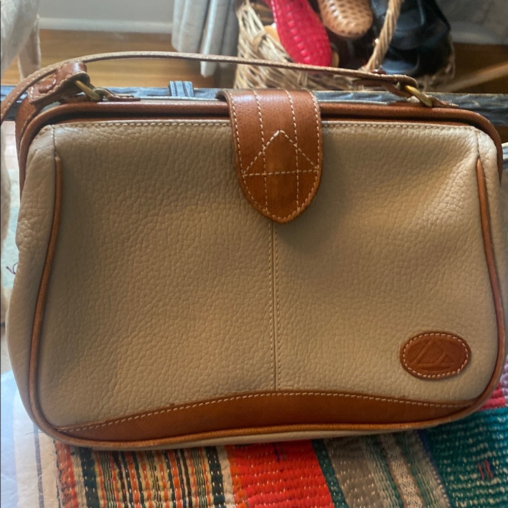 Vintage Liz Claiborne Women's Beige Mini Satchel with Brown Leather Trim